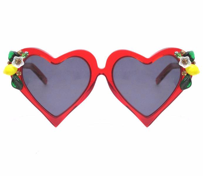 A-Morir Eyewear - Lemon Cosmo Red Heart Sunglasses With Fruit And Crystals
