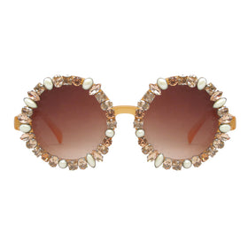 A-Morir Eyewear - Lennox Round Sunglasses In Honey With Pearls and Gems