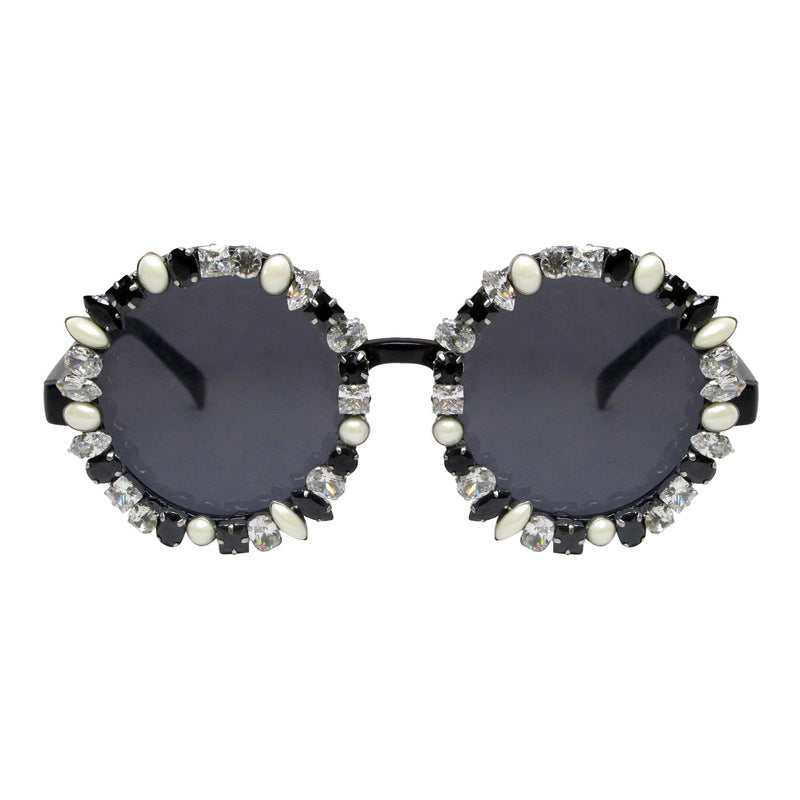A-Morir Eyewear - Lennox Round Sunglasses In Honey With Pearls and Gems